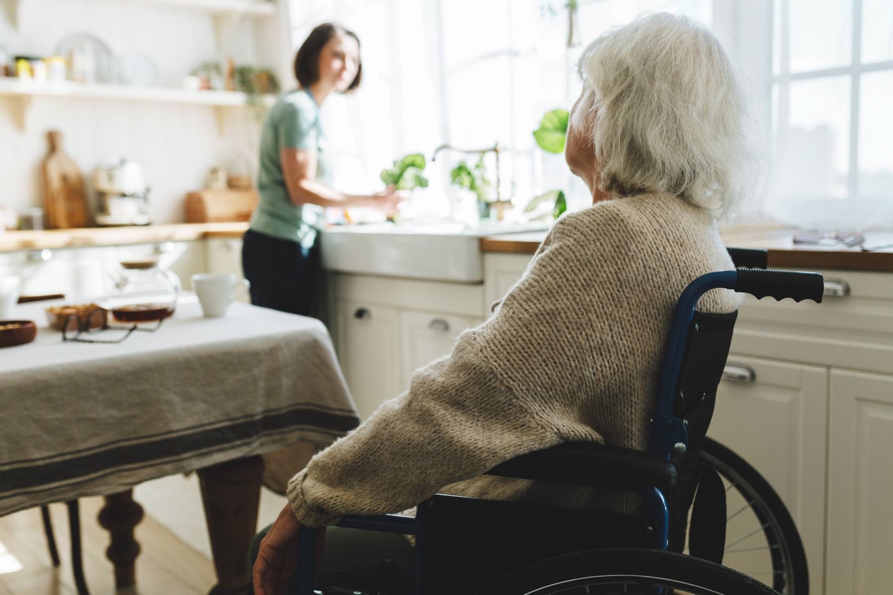 In a bright kitchen, a caregiver washes up at the sink while an older woman in a wheelchair looks on.